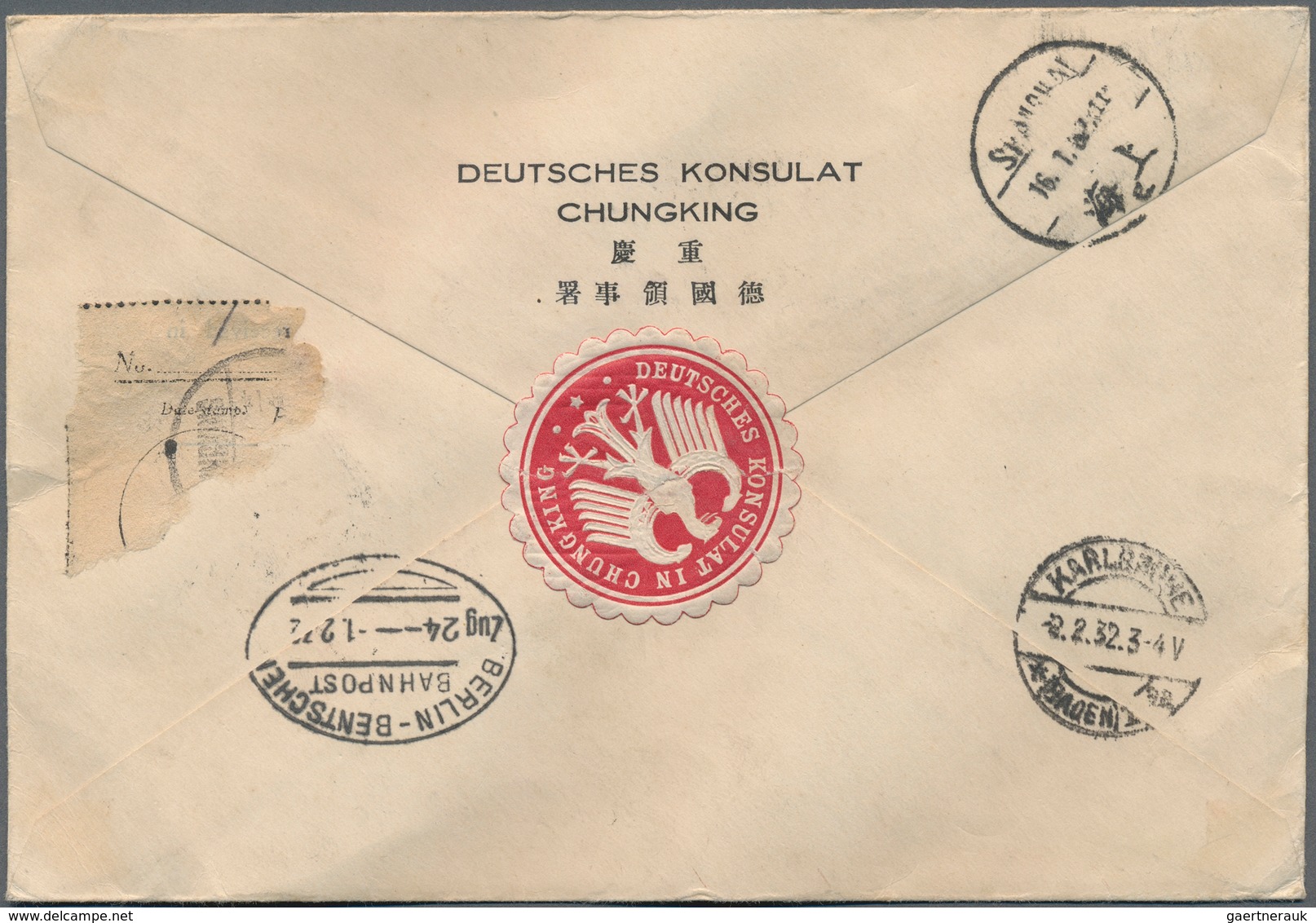 08160 China: 1923, Junks 10 C., A Vertical Strip-5 Tied "CHUNGKING 21.1.4" To Registered Cover Via "SHANGH - Autres & Non Classés