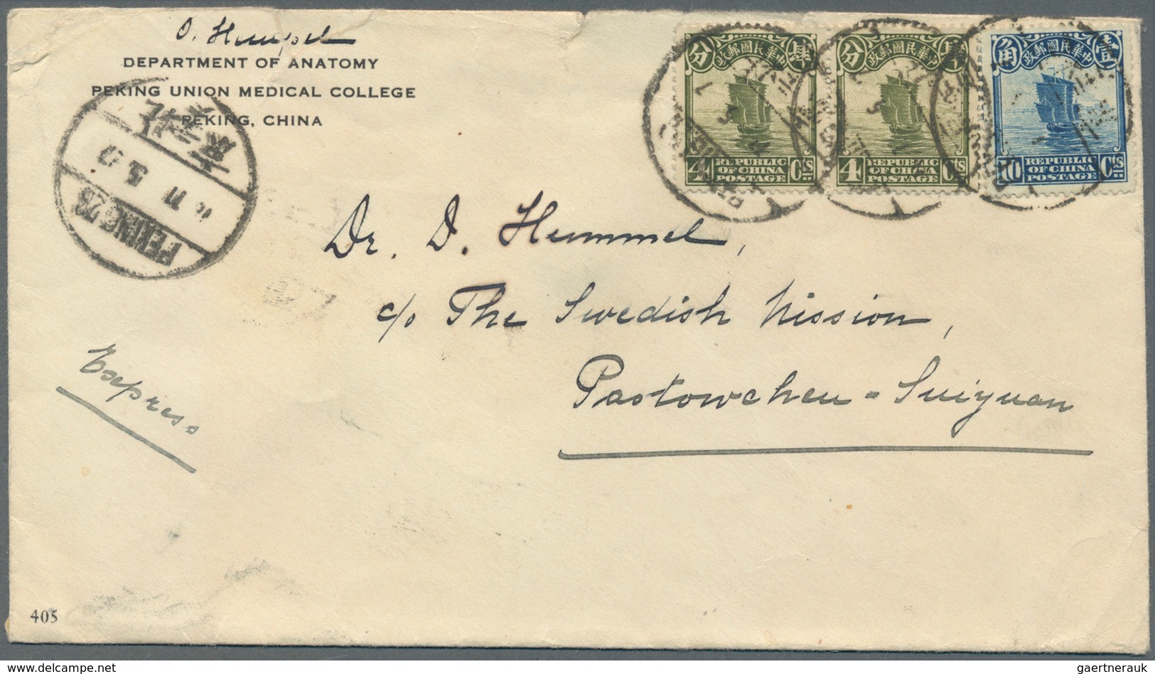 08161 China: 1923/26, 4 C. (pair) And 10 C. Tied "PEKING 23 11.5.27" To Express Cover To Paotow-chen (back - Sonstige & Ohne Zuordnung