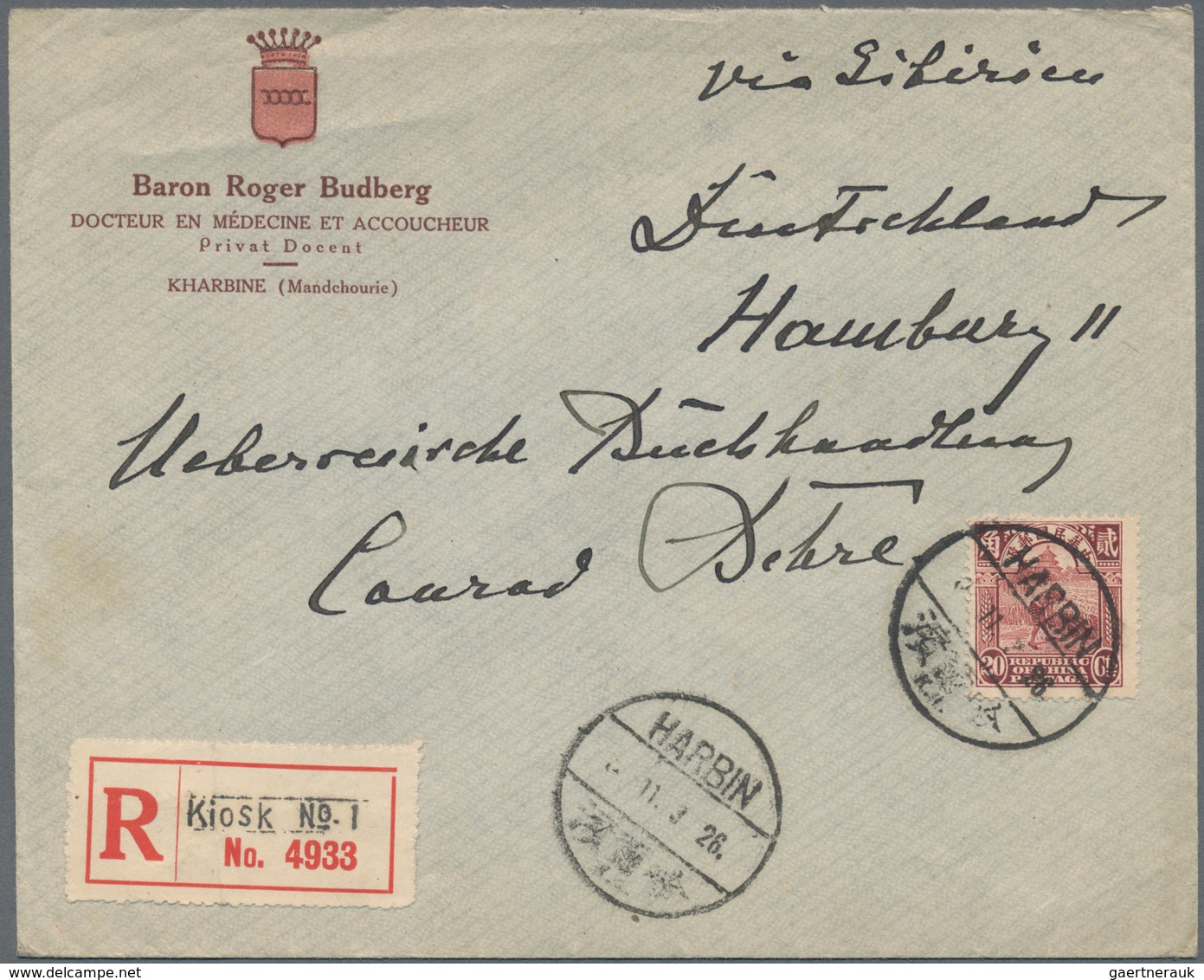 08162 China: 1923, Postal Kiosk: Reaper 20 C. Tied "HARBIN 11.3.26/K.1" To Registered Cover To Germany W. - Sonstige & Ohne Zuordnung