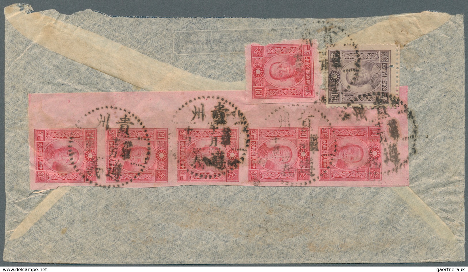 08172 China: 1942, 6 X 20 $ Red, Imperforated (vertical Strip Of 5 From Left Margin And Single Stamp), Tog - Autres & Non Classés