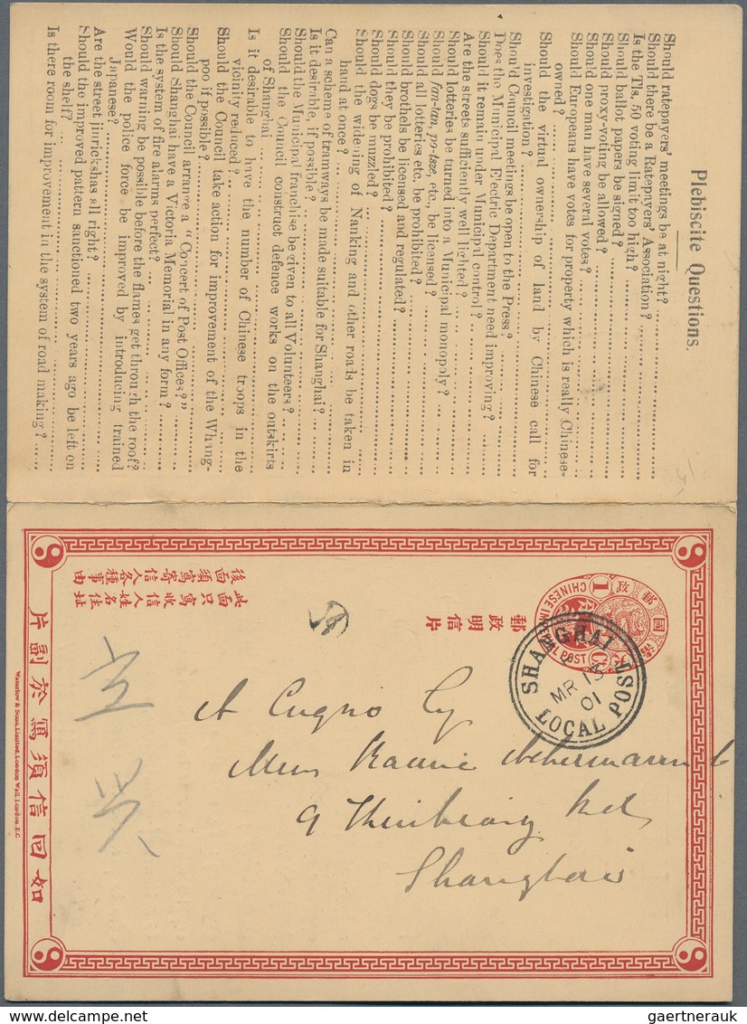 08204 China - Ganzsachen: 1898, Complete CIP 1+1 C. Double Card Used "SHANGHAI LOCAL POST H MR 13 01" With - Ansichtskarten