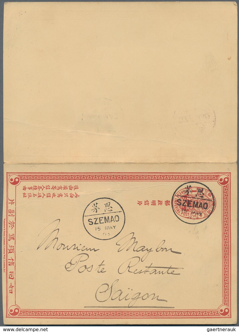 08205 China - Ganzsachen: 1898, Complete CIP 1+1 C. Double Card Canc. Bisected Bilingual "SZEMAO 15 MAY 03 - Cartes Postales