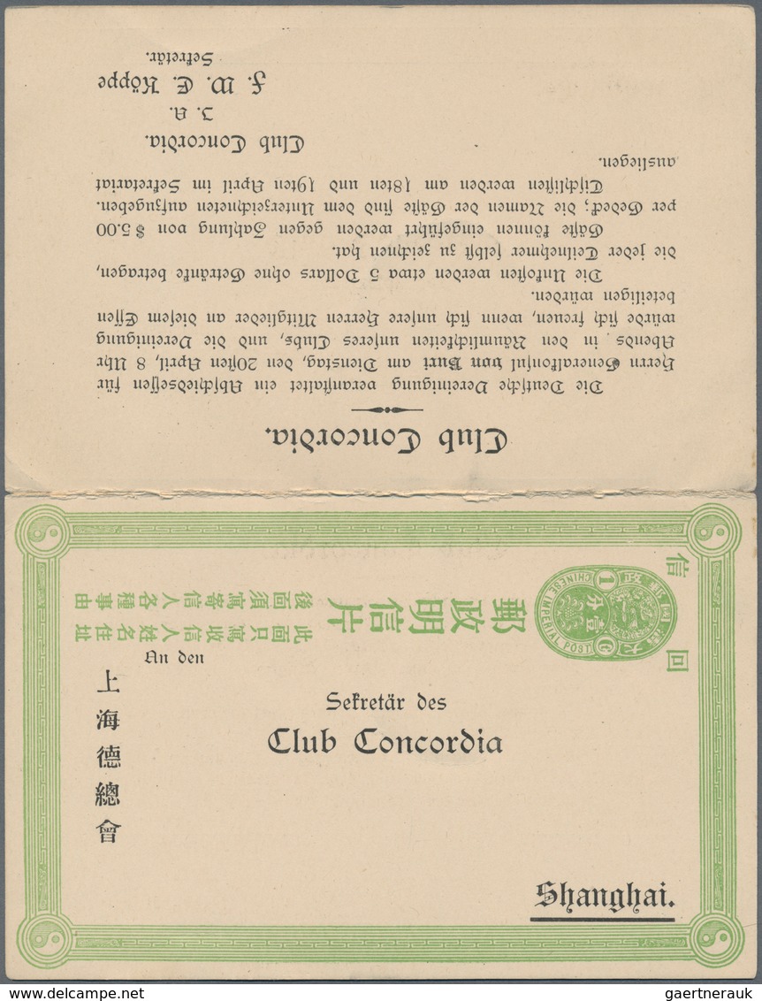 08209 China - Ganzsachen: 1907, Square Dragon Double Card 1+1 C. Green Canc. "SHANGHAI LOCAL POST J APR 13 - Ansichtskarten