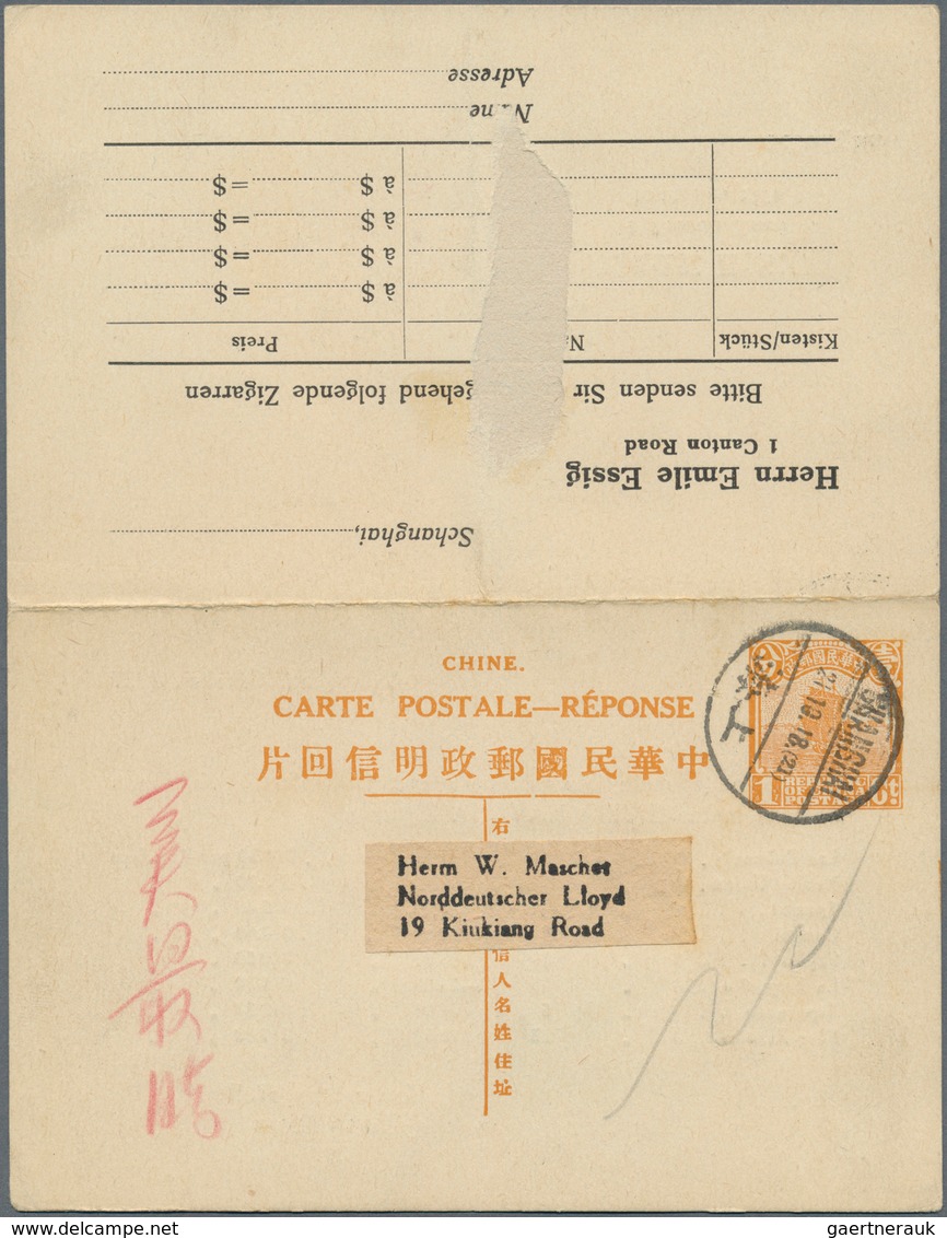 08219 China - Ganzsachen: 1927/29, Junk 1 C. Reply Part Uprated Junk 1 C., 4 C. Bilingual "TSINING 16.9.10 - Cartes Postales