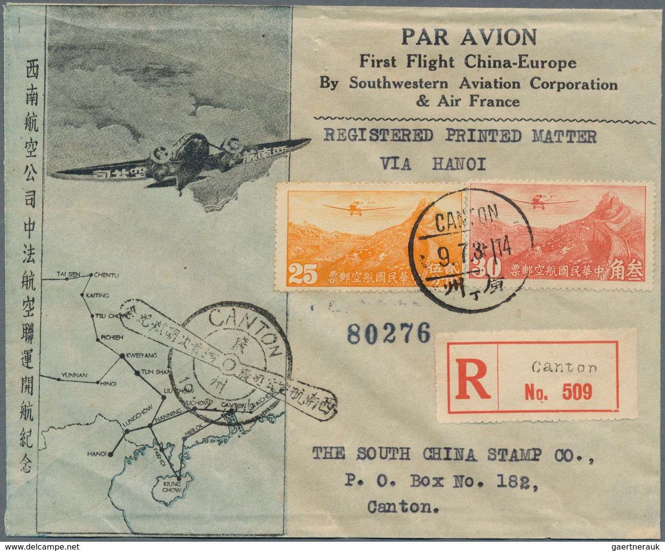 08226 China - Flugpost: 1935/37, Two Registered FFC: SWAC & Air France Canton-Hanoi-Canton 1935 Resp. 1937 - Autres & Non Classés