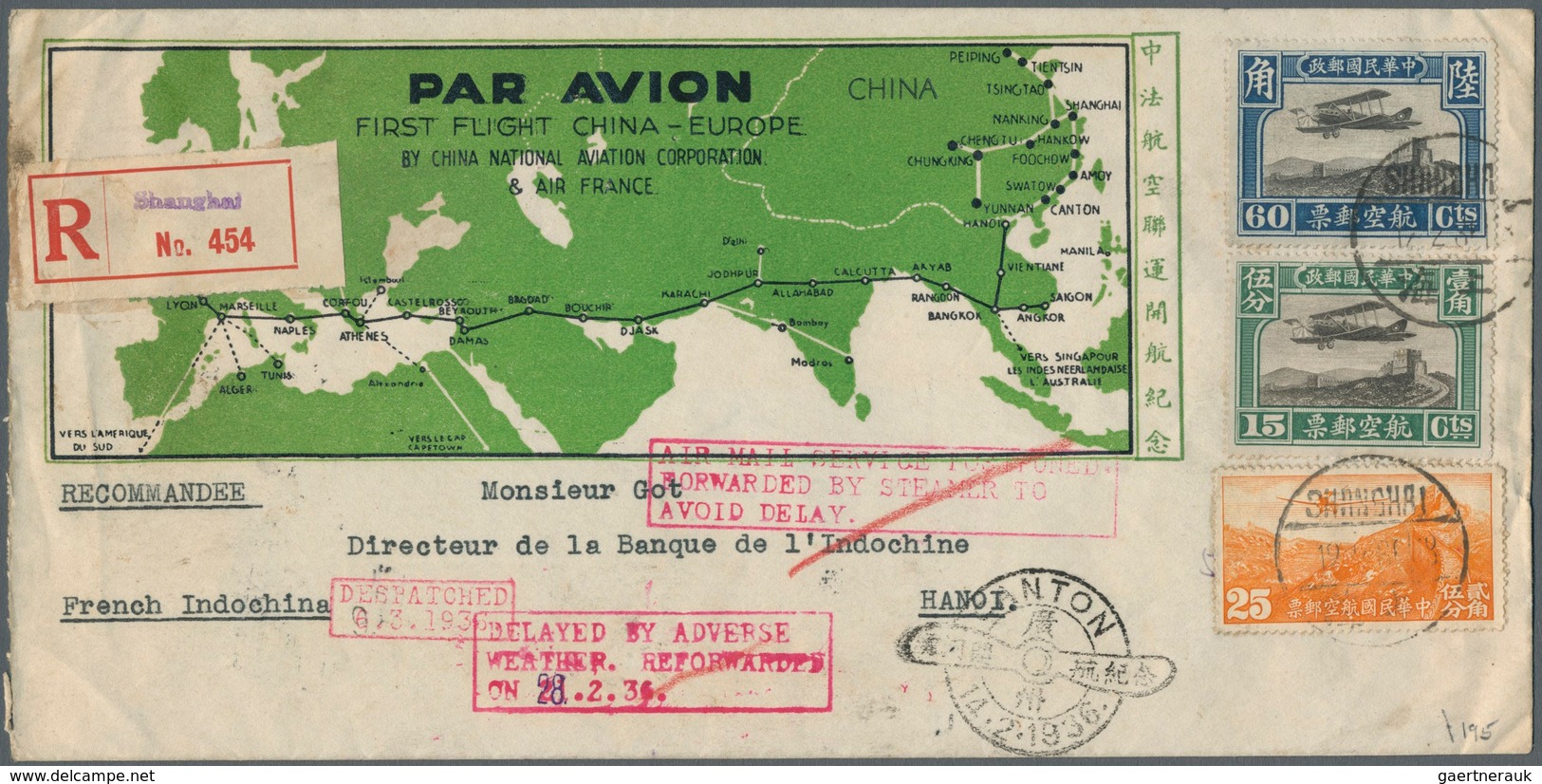 08227 China - Flugpost: 1936, CNAC+Air France FFC: Official Pictorial Envelope Franked Total 1 Yuan Tied " - Sonstige & Ohne Zuordnung