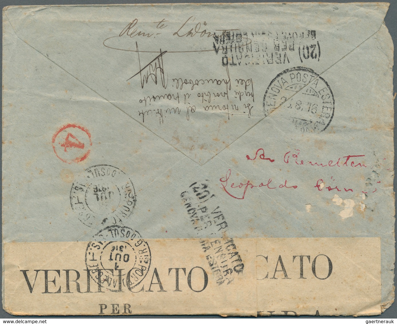 08234 China - Incoming Mail: 1916, Brazil To Peking Transit Blocked In Italy Due To WWI: 500 R. (RC) Tied - Sonstige & Ohne Zuordnung