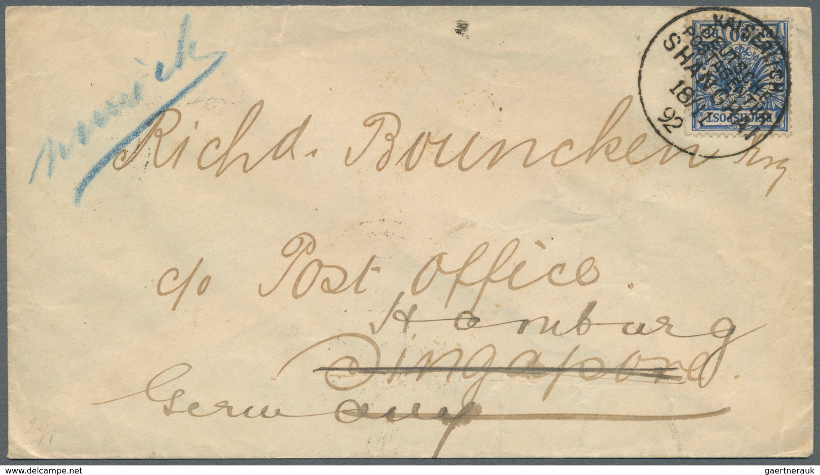 08256 China - Besonderheiten: German Offices, 1892, Forerunner 20 Pf. Blue Tied "KDPA SHANGHAI 18 II/92" T - Sonstige & Ohne Zuordnung