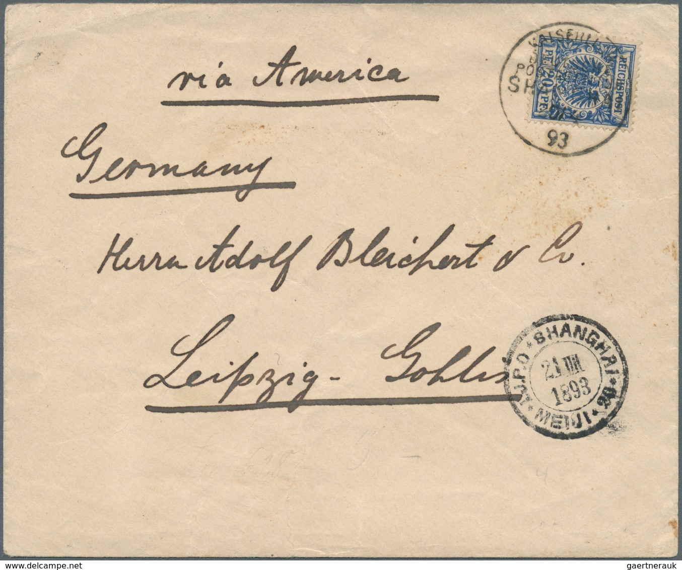 08257 China - Besonderheiten: German Offices, Forerunners, Crown/eagle 20 Pf. Blue Tied "KDPA SHANGHAI 20/ - Autres & Non Classés