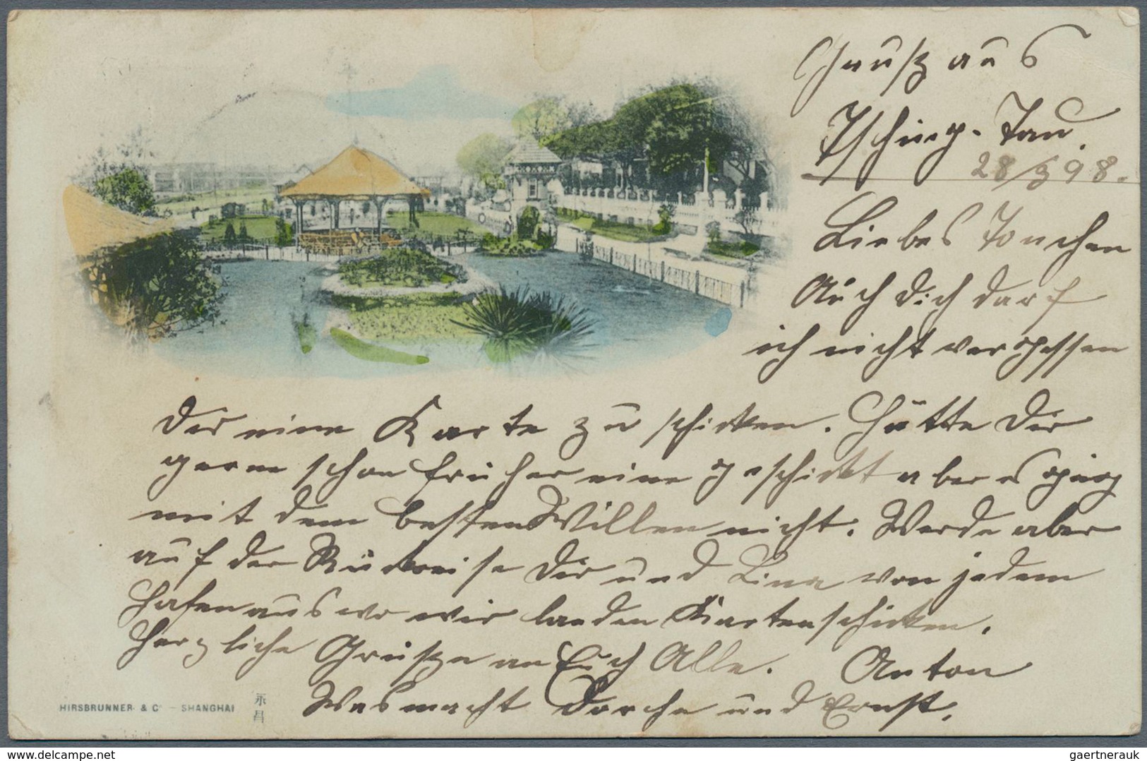 08260 China - Besonderheiten: 1898, Colour Picture Card "Park With A Big Pond" (imprint Hirsbrunner & C. - - Sonstige & Ohne Zuordnung