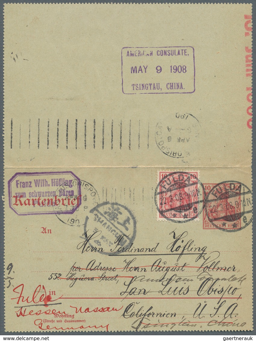 08276 China - Besonderheiten: Incoming Mail, 1908, Germany, Letter Card 10 Pf. Uprated 10 Pf. "FULDA 22.3. - Sonstige & Ohne Zuordnung