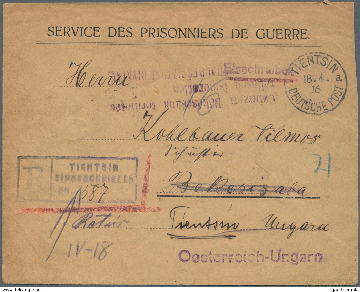 08282 China - Besonderheiten: German Offices, , Tientsin, POW Mail, Envelope Imprinted "SDPDG" Of Tientsin - Sonstige & Ohne Zuordnung