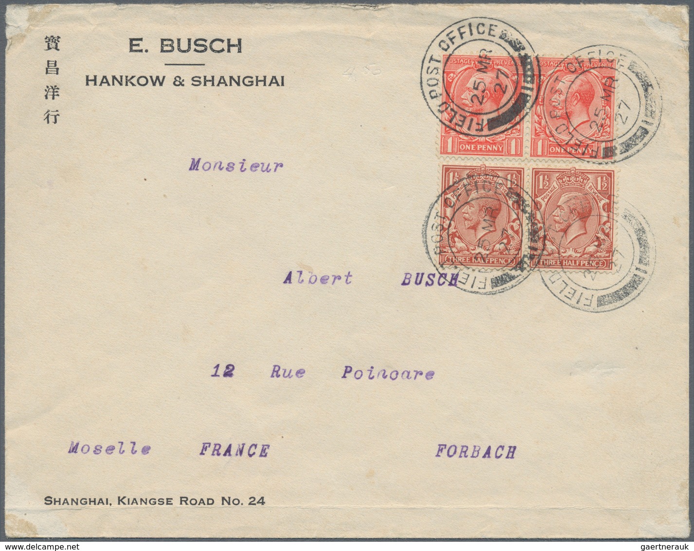 08286 China - Besonderheiten: 1927, Shanghai Postal Strike: UK KGV 1d (pair), 1 1/2 D. (pair) Tied Four St - Autres & Non Classés