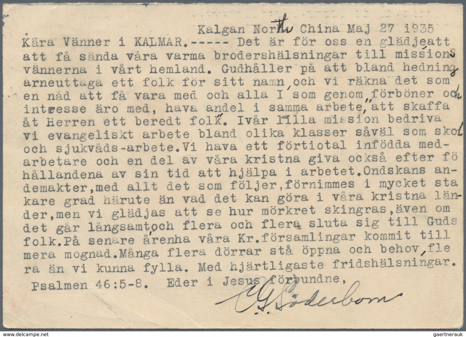 08289 China - Besonderheiten: 1935, Sweden UPU-reply Part Used KALGAN: 10 Oe. Uprated 3 Oe. (2) Tied Bilin - Sonstige & Ohne Zuordnung