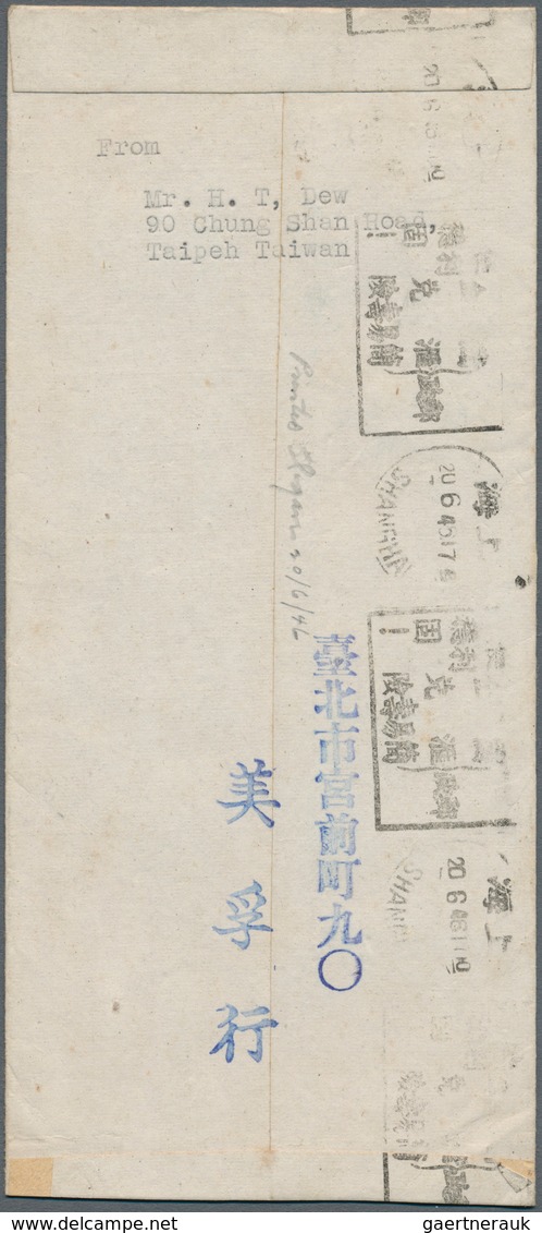 08296 China - Taiwan (Formosa): 1945, 10 S. Light Blue Tied "Taipeh 35.6.14" (June 14, 1946) To Cover To S - Sonstige & Ohne Zuordnung