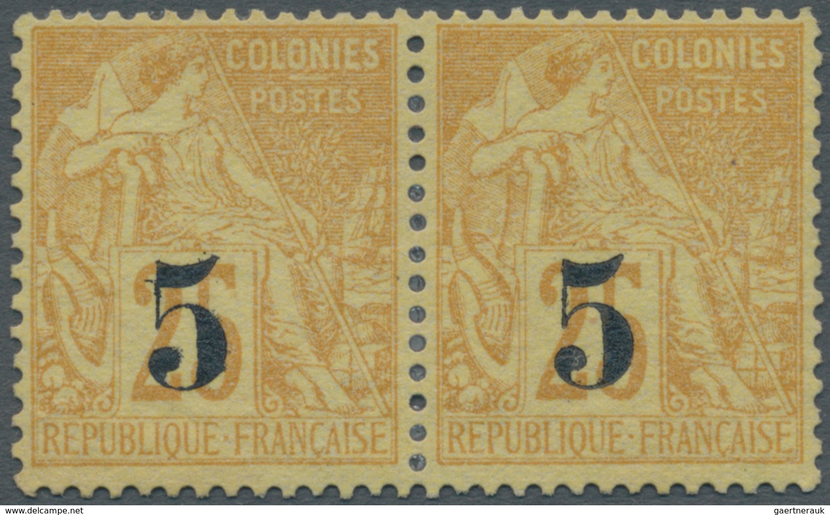 08376 Cochinchina: 1886, 5 On 25c. Bistre On Yellow, Horiz. Pair, Bright Colour, Well Perforated, Unused N - Sonstige & Ohne Zuordnung