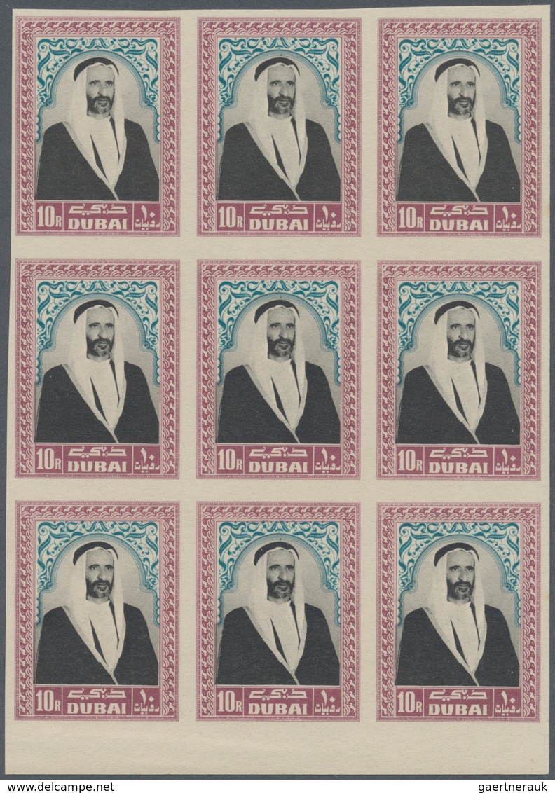 08377 Dubai: 1963, Definitives Complete IMPERFORATED Set Of 17 Values In Blocks Of Nine From Margins, Mint - Dubai