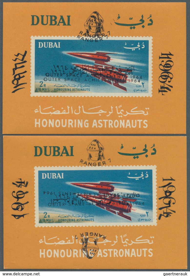 08387 Dubai: 1964, American Lunar Probe 'Ranger 7' Three Imperforate Miniature Sheets With Opt. ERRORS Inc - Dubai