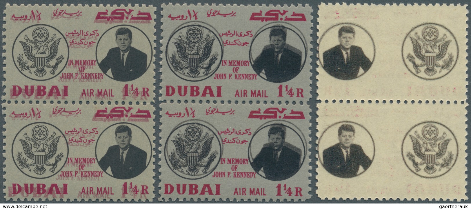 08391 Dubai: 1964, Death Anniversary Of John F. Kennedy 1¼r. Three Vertical Pairs With ERRORS Incl. Double - Dubai