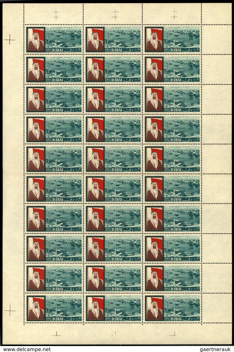 08398 Dubai: 1964, Definitves "Dubai Harbour", 10np. To 5r., Complete Set Of Eight Values, (folded) Sheets - Dubai