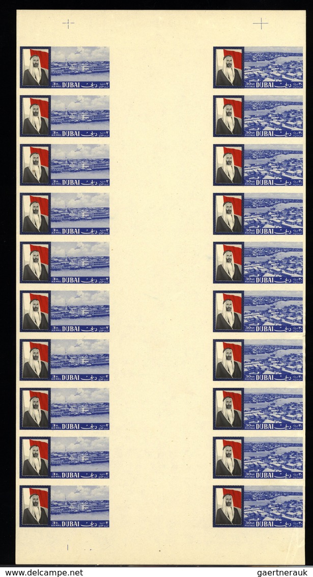 08399 Dubai: 1964, Definitives "Dubai Harbour", 30np. And 3r., IMPERFORATE, Unit Comprising Ten Horiz. Gut - Dubai