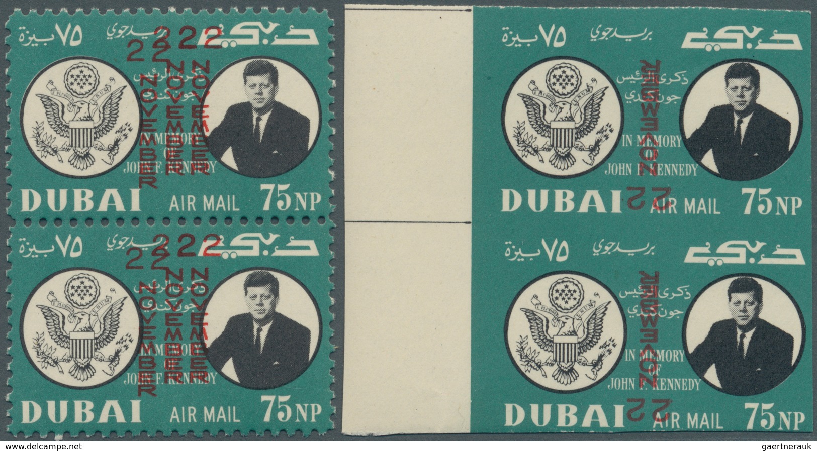 08405 Dubai: 1964, 1st Death Anniversary Of John F. Kennedy Two Vertical Pairs With Opt. ERRORS Incl. Perf - Dubai