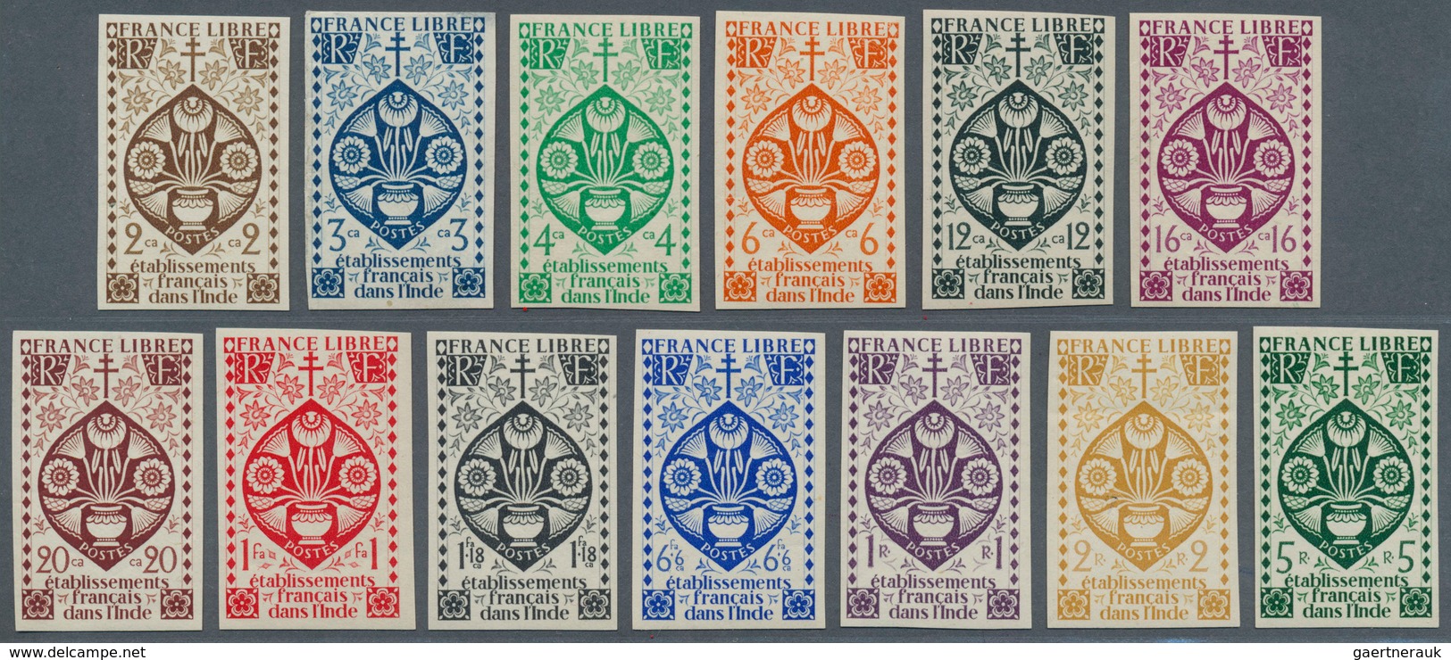 08409 Französisch-Indien: 1942. Airmail Series Lotus Flower (13 Values) As IMPERFORATE Singles. Mint, NH. - Lettres & Documents