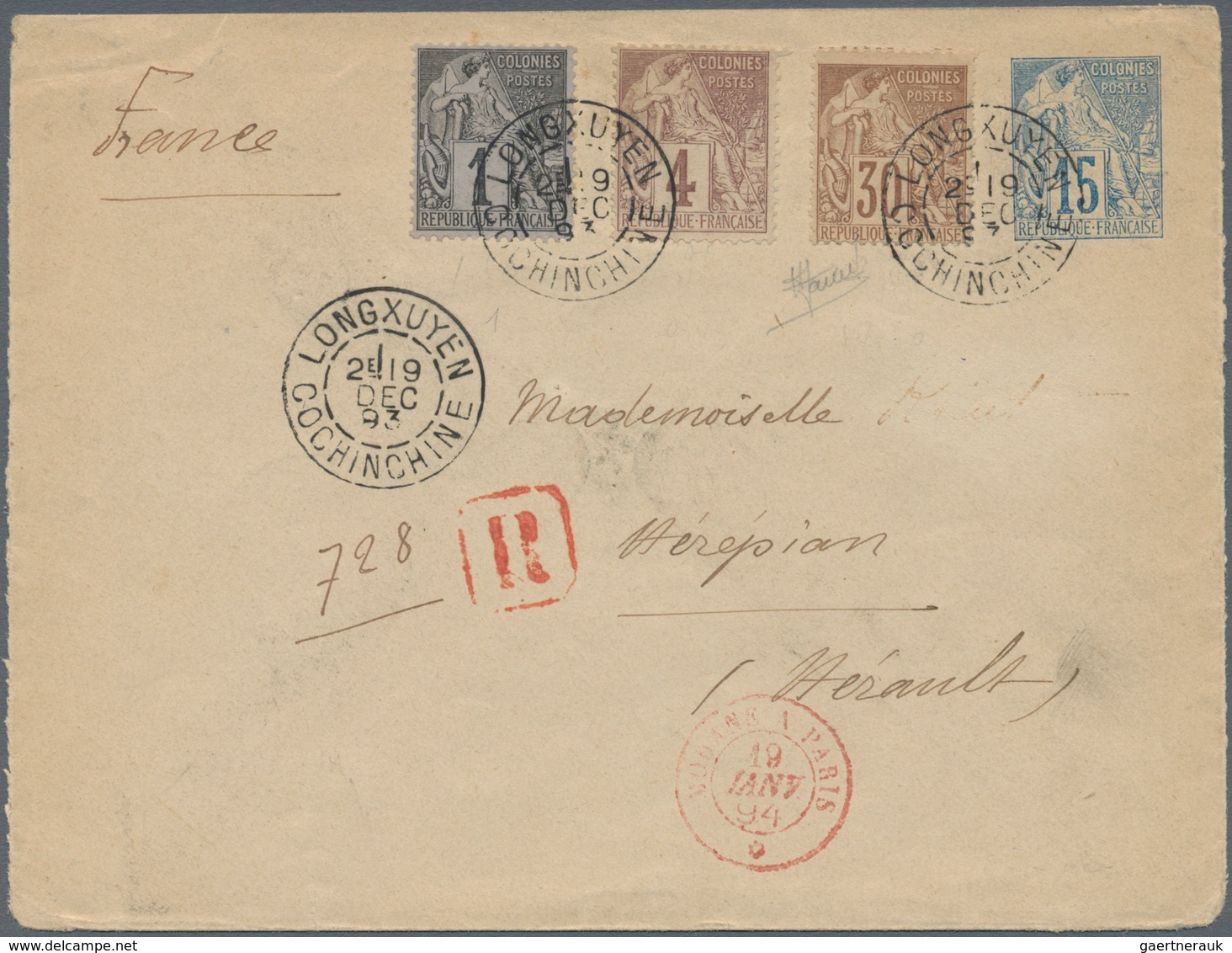 08411 Französisch-Indochina: 1893, Rural Post: Envelope Type Sage 15 C. Uprated Same 1 C., 4 C., 30 C. Can - Briefe U. Dokumente