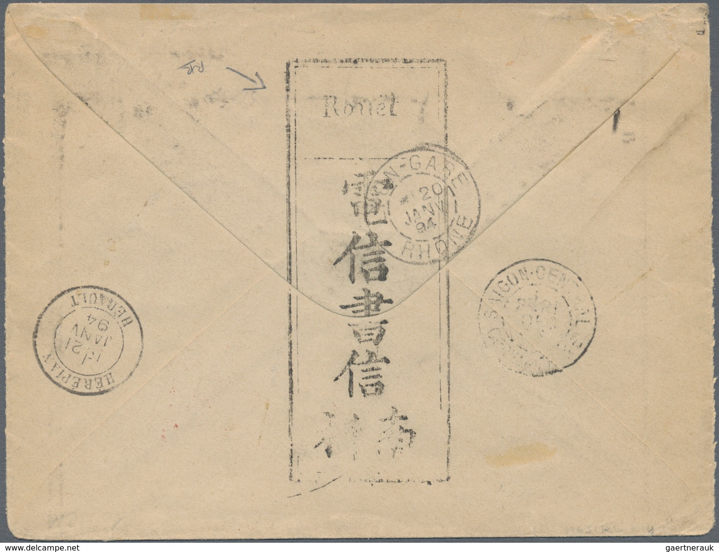 08411 Französisch-Indochina: 1893, Rural Post: Envelope Type Sage 15 C. Uprated Same 1 C., 4 C., 30 C. Can - Lettres & Documents