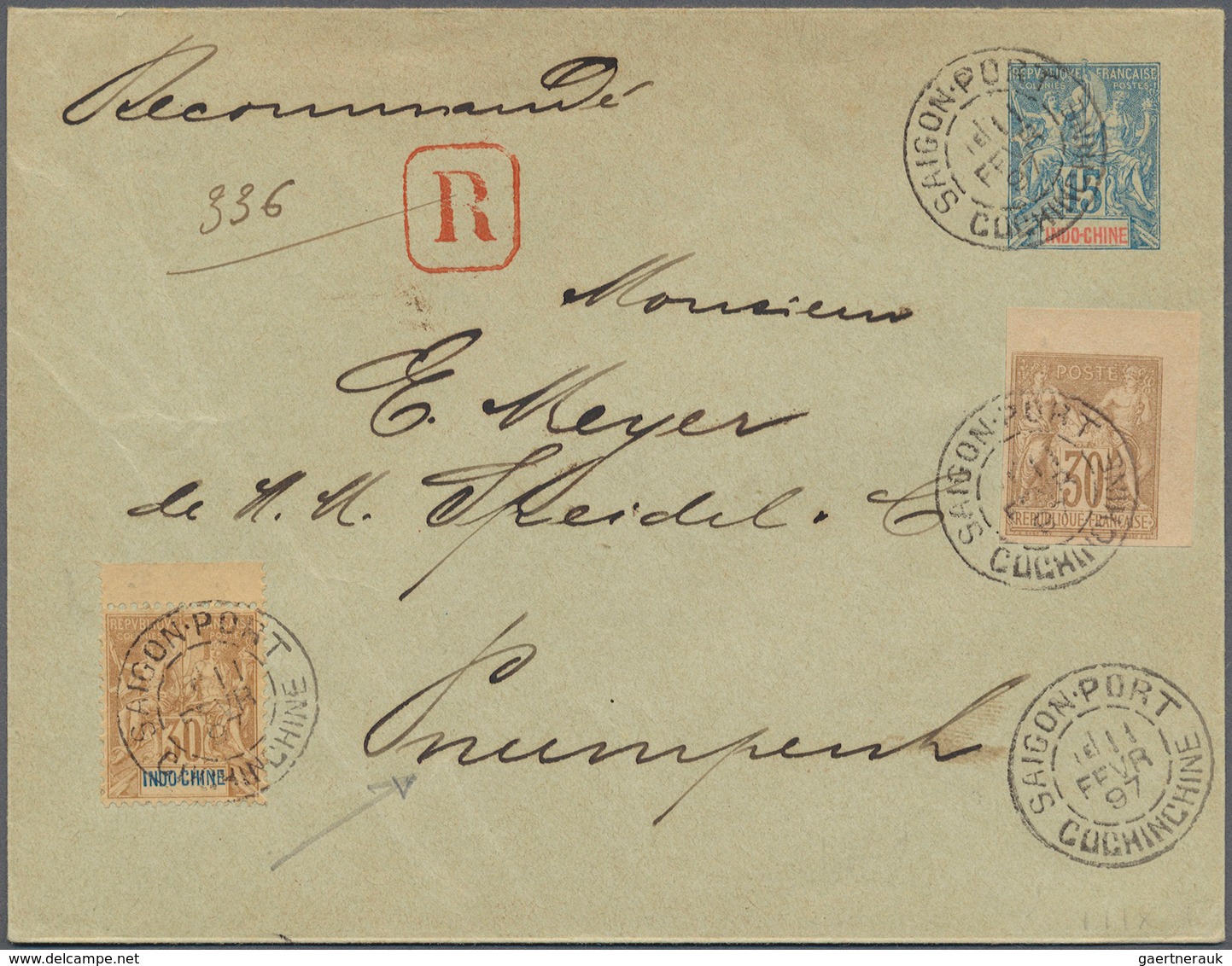 08414 Französisch-Indochina: 1897. Registered Indo-China Postal Stationery Envelope 15c Blue Upgraded With - Briefe U. Dokumente