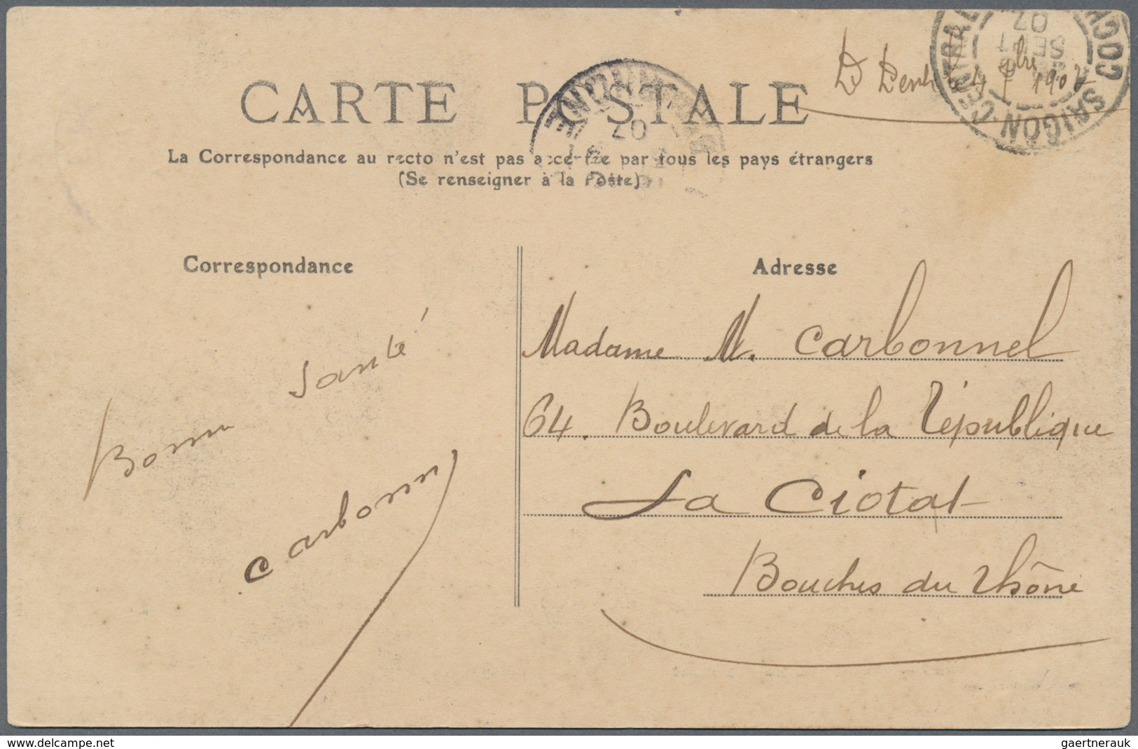08429 Französisch-Indochina: 1907. Picture Post Card Of 'Betel Plantation, Saigon' Addressed To France Bea - Briefe U. Dokumente