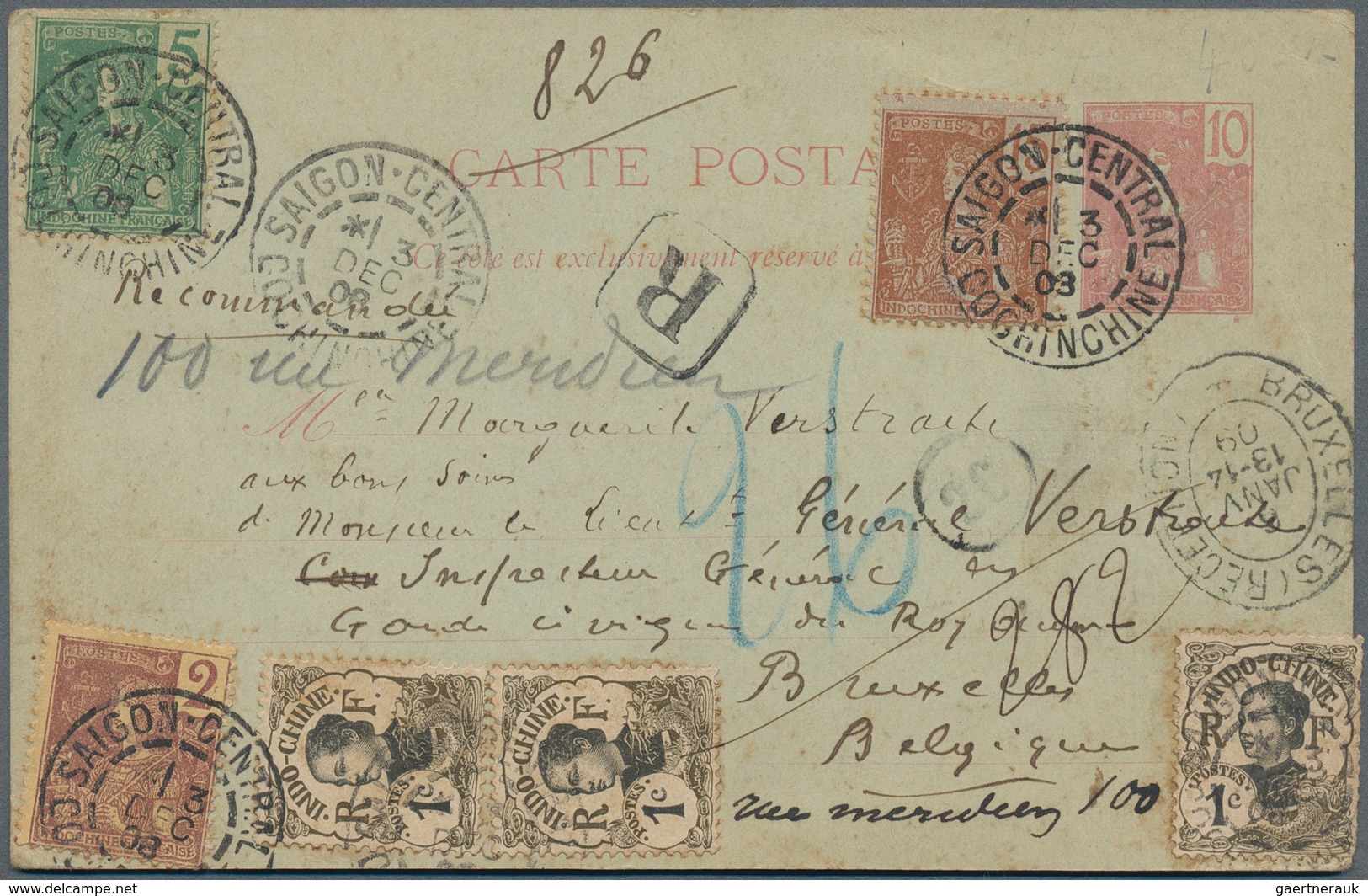 08430 Französisch-Indochina: 1908, 10 C Rose On Greenish Psc, Uprated With 3 X 1 C "annam Women" And 2 C, - Briefe U. Dokumente