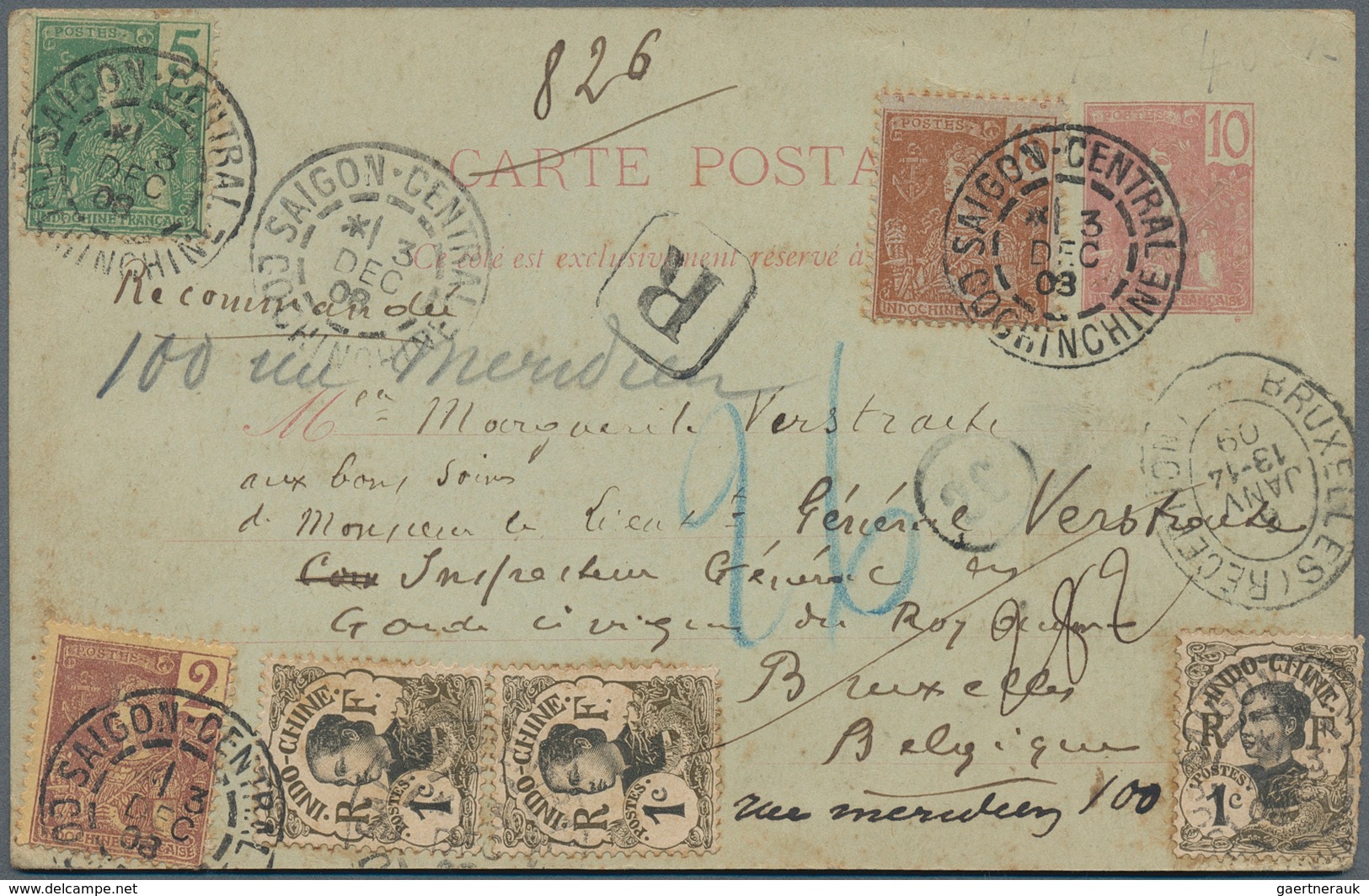 08430 Französisch-Indochina: 1908, 10 C Rose On Greenish Psc, Uprated With 3 X 1 C "annam Women" And 2 C, - Lettres & Documents