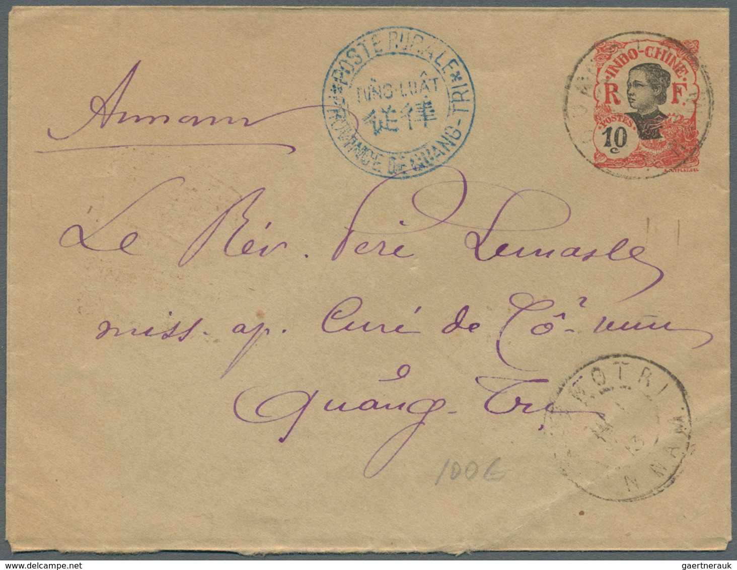 08438 Französisch-Indochina: 1913, 10 Cent. Stat. Envelope With Blue "POSTE RURAL PROVINCE DE QUANG / FUNG - Briefe U. Dokumente