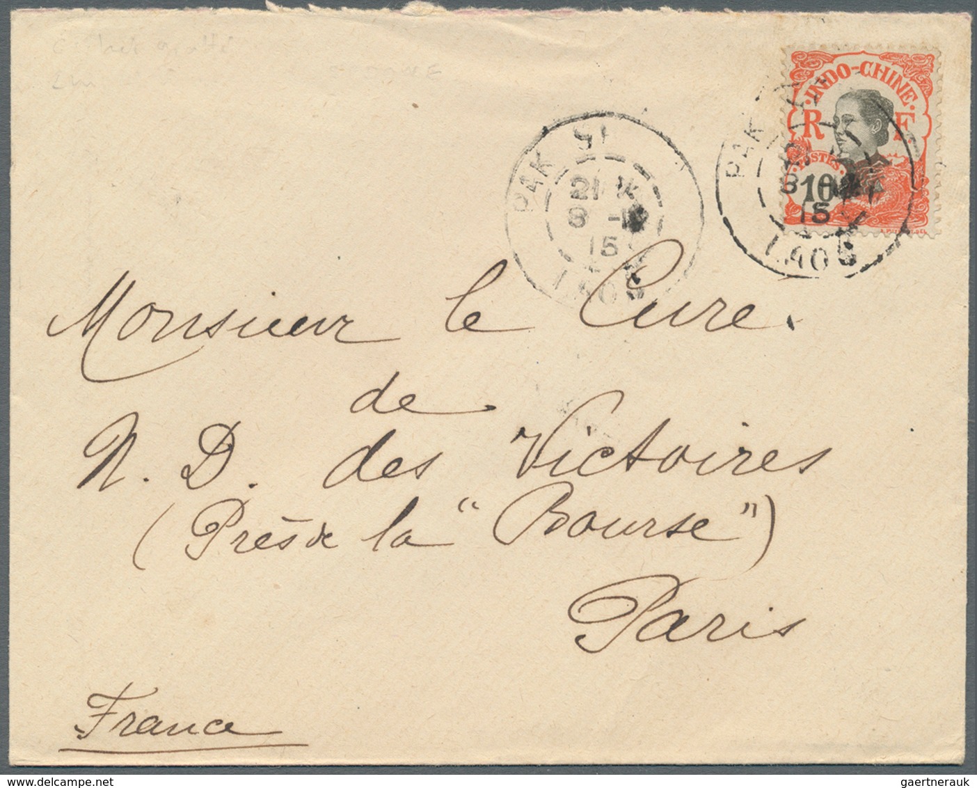 08439 Französisch-Indochina: 1915. Envelope Addressed To France Bearing Indo-China SG 55, 10c Scarlet Tied - Lettres & Documents