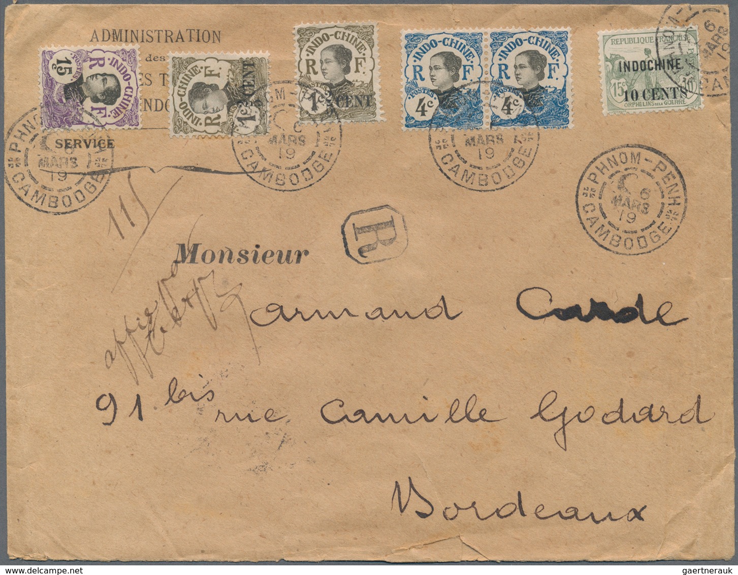 08443 Französisch-Indochina: 1919. Registered Envelope (opening Faults) Addressed To Bordeaux Bearing Lndo - Briefe U. Dokumente