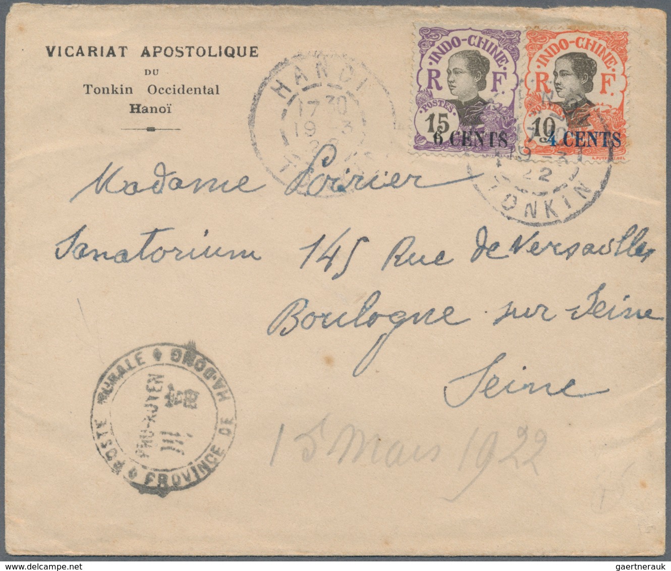 08444 Französisch-Indochina: 1922. Envelope Headed 'Vicariat Apostolique' Addressed To France Cancelled By - Briefe U. Dokumente