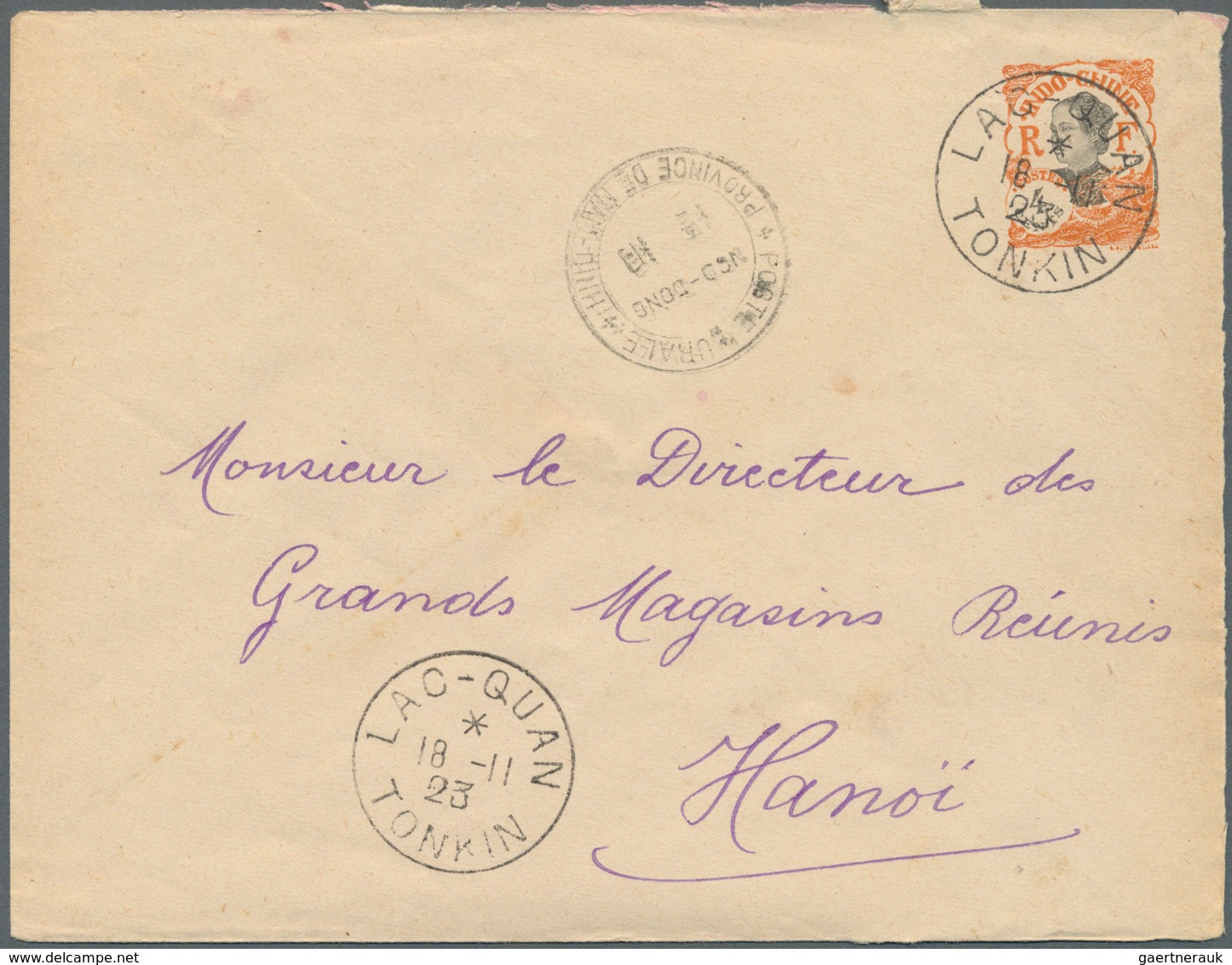 08445 Französisch-Indochina: 1923. Postal Stationery Envelope 4c Orange Addressed To Hanoi Cancelled By 'P - Lettres & Documents