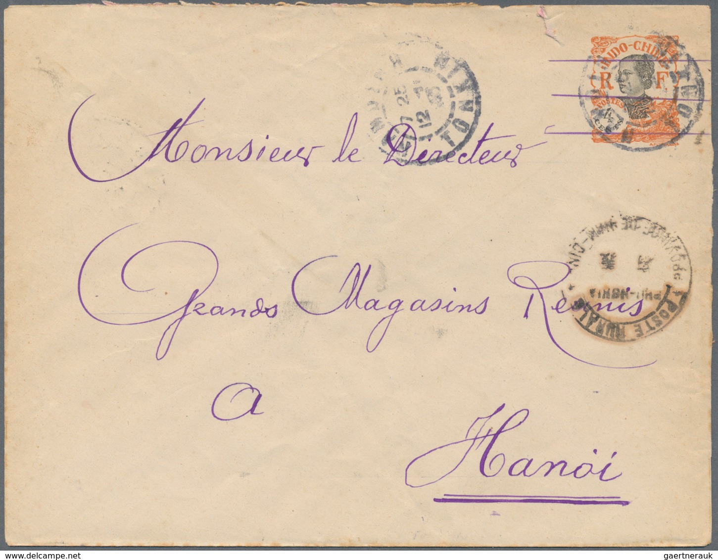 08446 Französisch-Indochina: 1923. Postal Stationery Envelope 4c Orange Addressed To Hanoi Cancelled By 'P - Briefe U. Dokumente