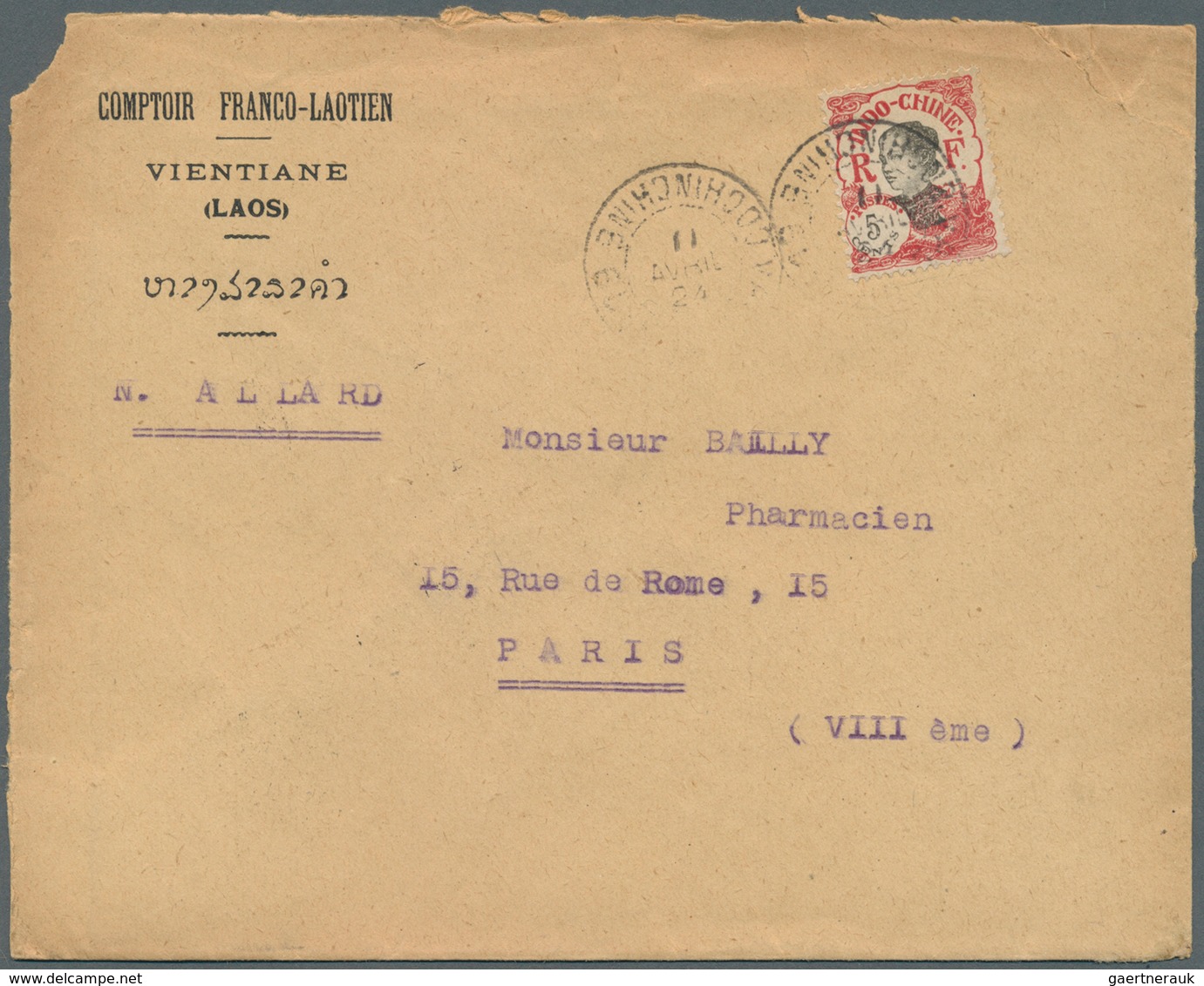 08447 Französisch-Indochina: 1924. Envelope (faults) Headed 'Comptoir Franco-Laotian/Vientiane/Laos' Addre - Briefe U. Dokumente