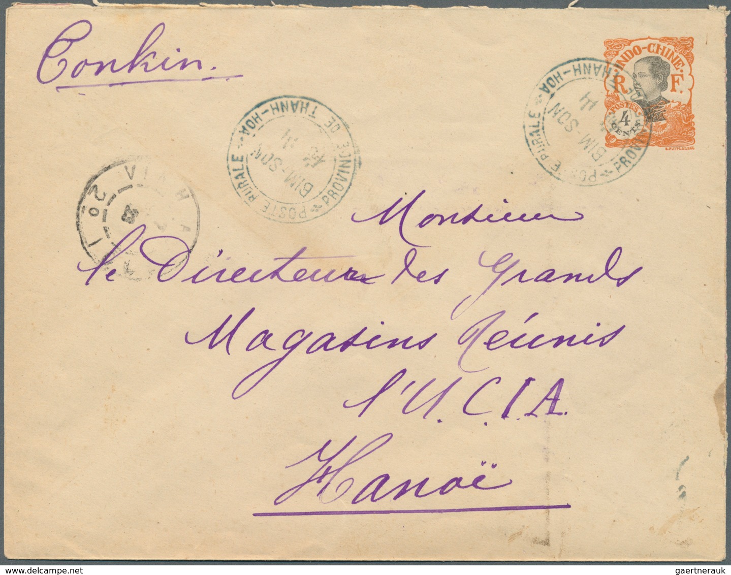 08448 Französisch-Indochina: 1924. Postal Stationery Envelope 4c Orange Addressed To Hanoi Cancelled By 'P - Briefe U. Dokumente