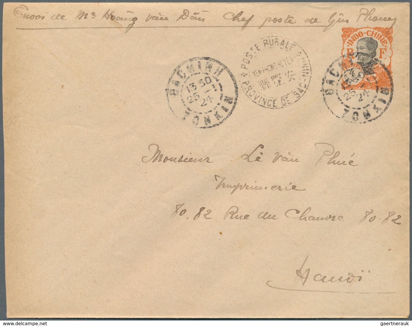 08450 Französisch-Indochina: 1924. Postal Stationery Envelope 4c Orange Addressed To Hanoi Cancelled By 'P - Briefe U. Dokumente