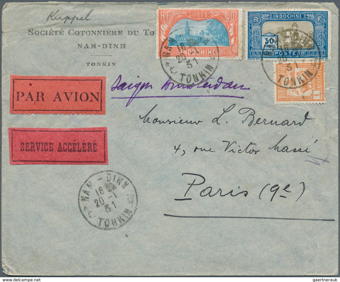 08457 Französisch-Indochina: 1928/31, Three Better Franked (airmail)covers Incl. 1x Blue "R" (registration - Lettres & Documents