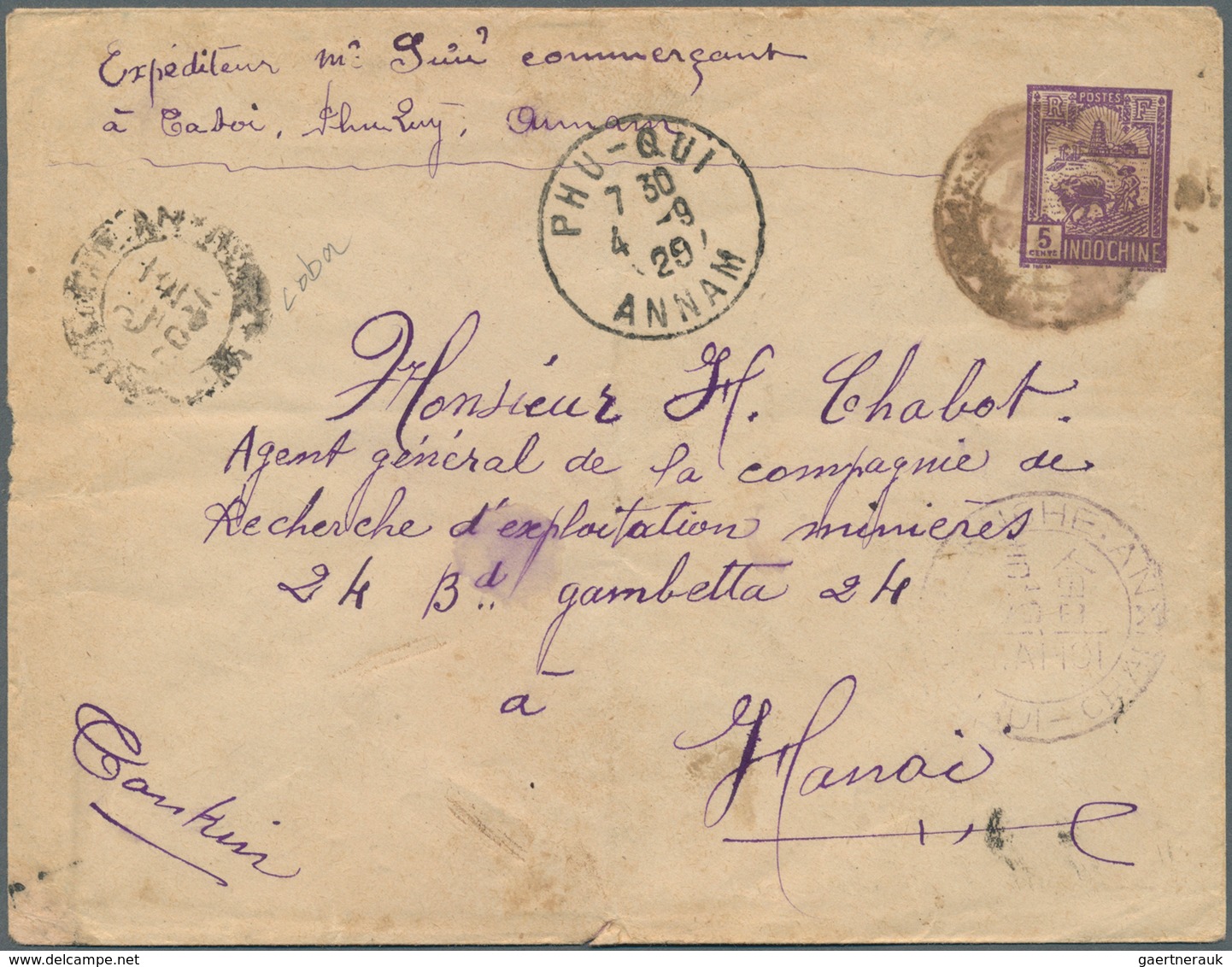 08459 Französisch-Indochina: 1929. Postal Stationery Envelope 5c Violet Addressed To Hanoi Cancelled By 'K - Briefe U. Dokumente