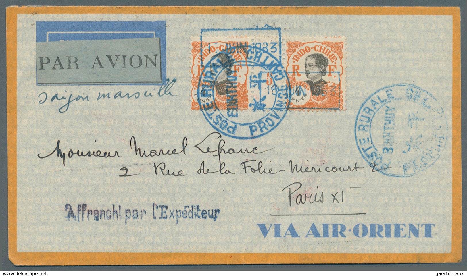 08467 Französisch-Indochina: 1933. Air Mail Envelope (with Content) Addressed To France Bearing Indo-China - Lettres & Documents