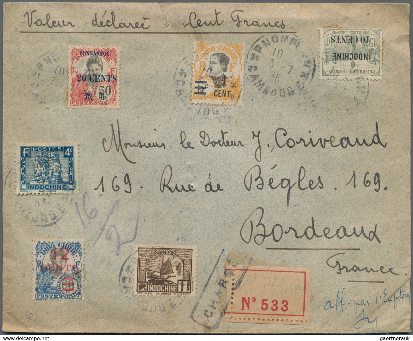 08475 Französisch-Indochina: 1936. Registered And Charged Envelope Addressed To France Bearing Funnan-Sen - Briefe U. Dokumente