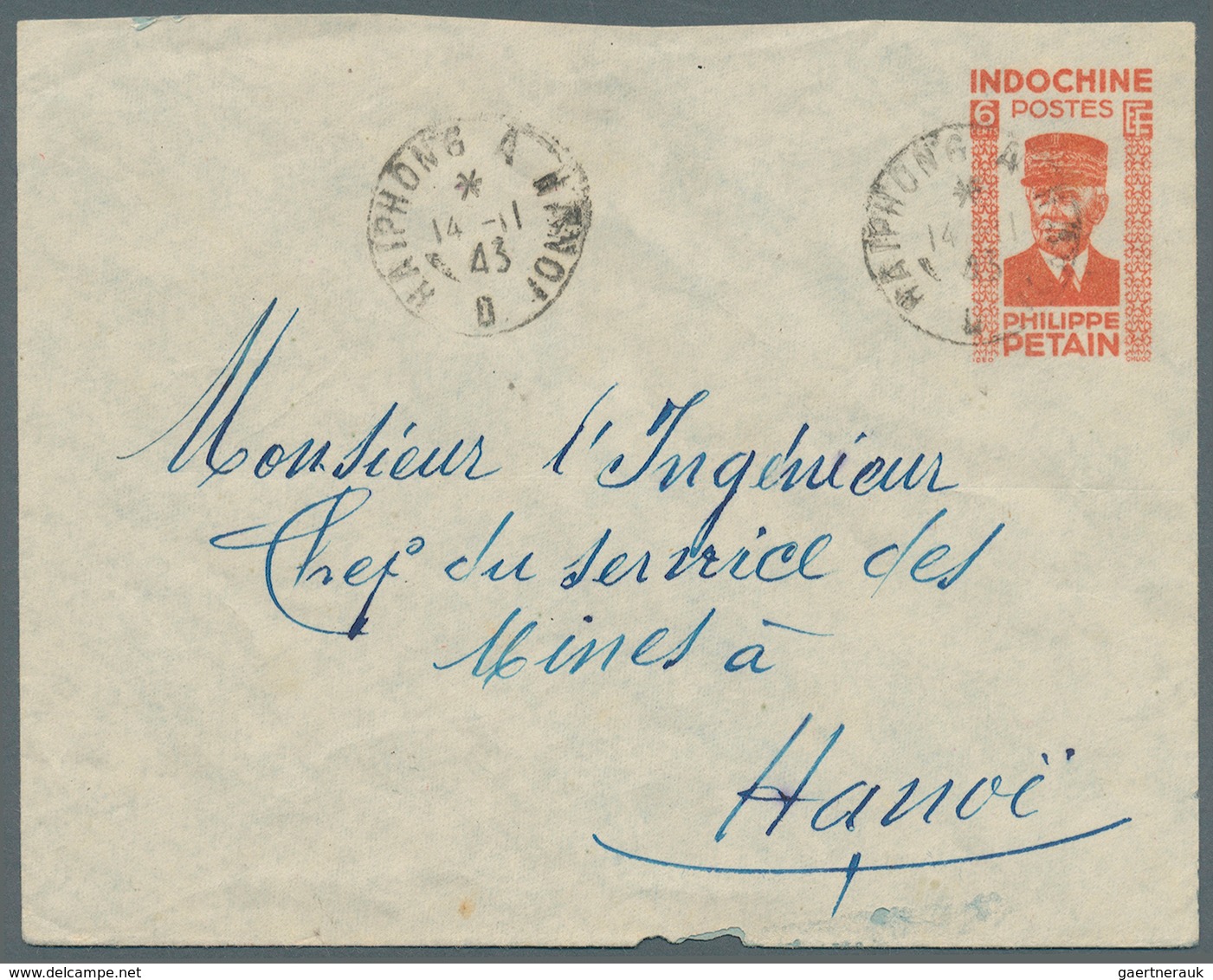 08483 Französisch-Indochina: 1943. "Marshall Petain" Postal Stationery Envelope 6c Red (small Faults) Addr - Briefe U. Dokumente
