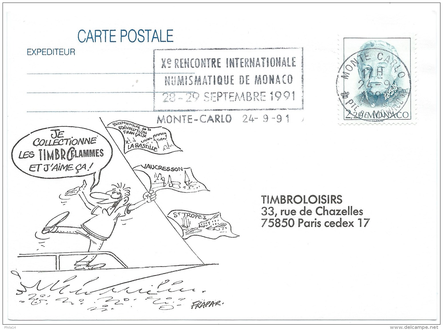 CARTE POSTALE / TIMBROFLAMMES / MONTE CARLO 1991 / FLAMME RENCONTRE INTERNATIONALE NUMISMATIQUE - Lettres & Documents