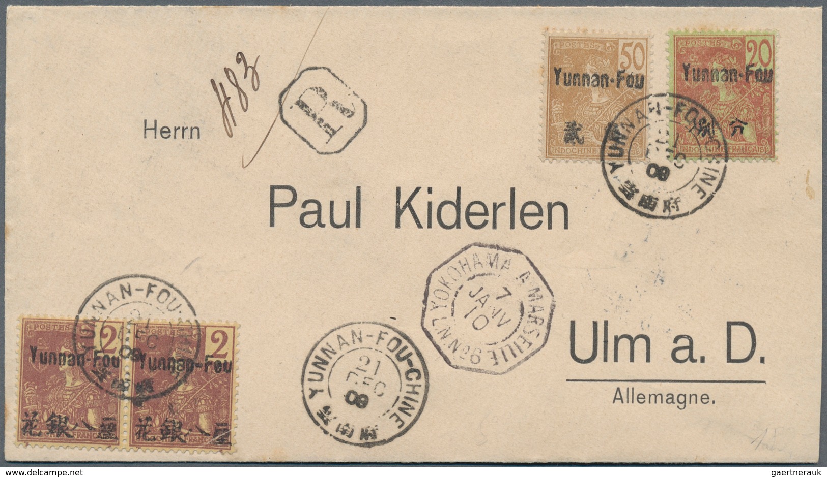 08501 Französisch-Indochina - Postämter In Südchina: 1908, Yunnan-Fou: 2 C. (pair, One Corner Cease), 20 C - Sonstige & Ohne Zuordnung
