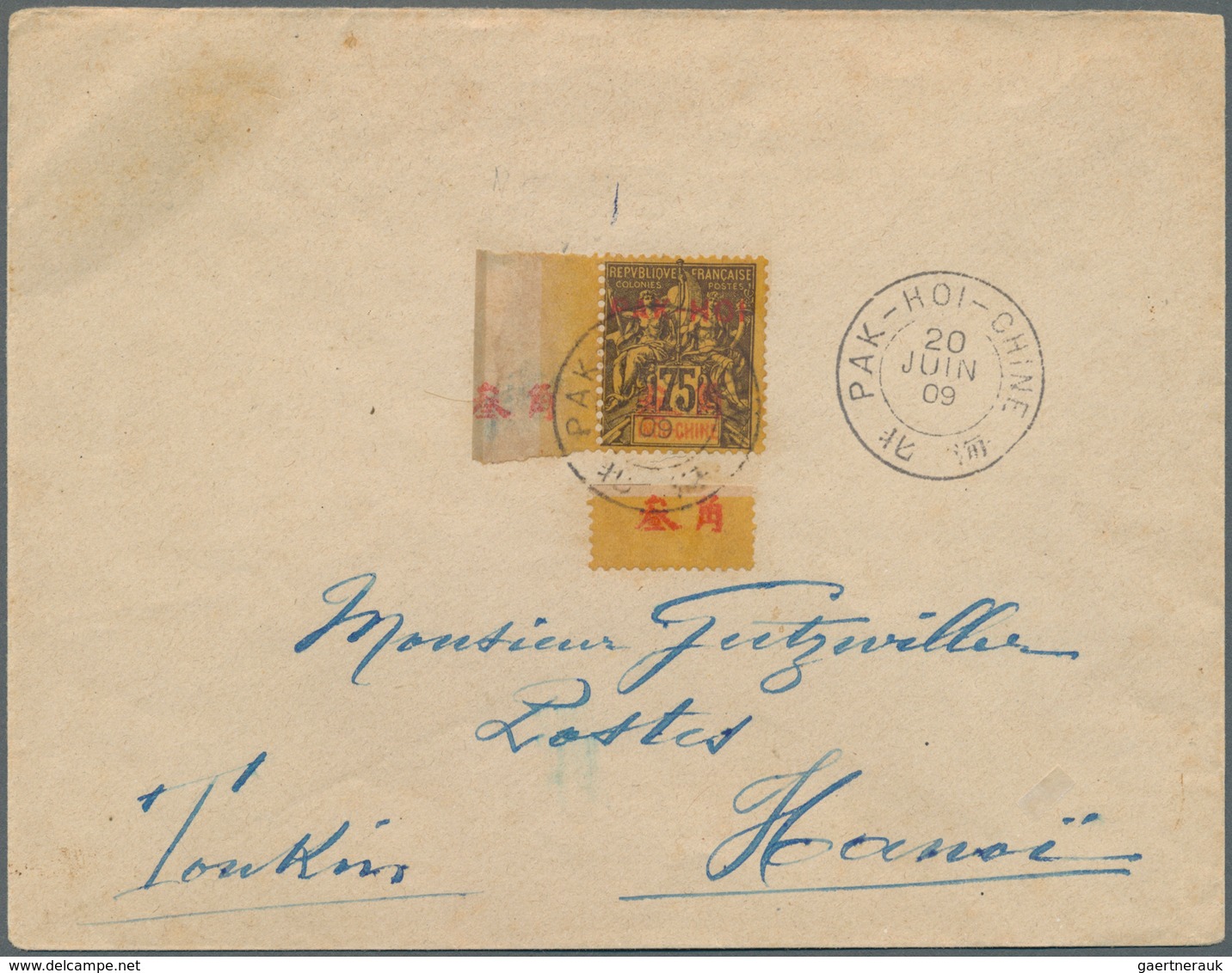 08503 Französisch-Indochina - Postämter In Südchina: PAKHOI, 1909. Envelope (toned) Addressed To Hanoi, To - Sonstige & Ohne Zuordnung